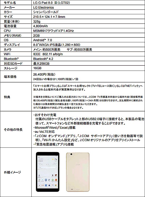 ジュピターテレコム、J:COM Mobile にて VoLTE 対応 8インチタブレット「LG G Pad 8.0 III (LGT02)」登場、3月1日発売  GPad