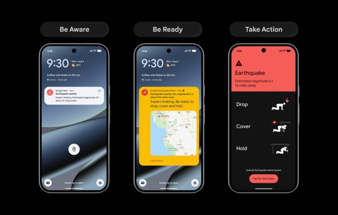 Android Earthquake Alerts の3種類の通知